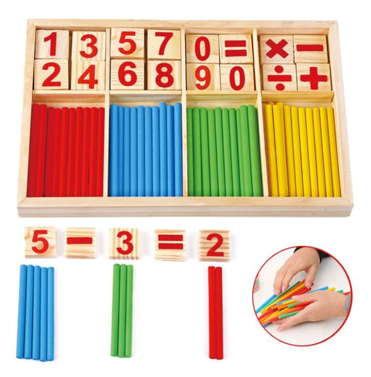 Wooden educational toy set with numbers, math symbols, and colored sticks on a white background.