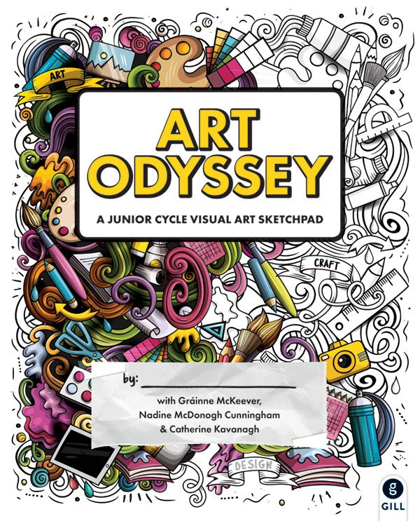 Book cover of 'Art Odyssey' with colorful doodles and art supplies on a white background.