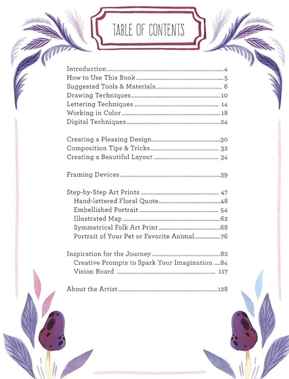 Table of contents for a book on art and design with decorative elements.