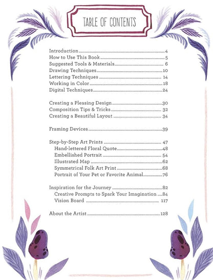 Table of contents for a book on art and design with decorative elements.