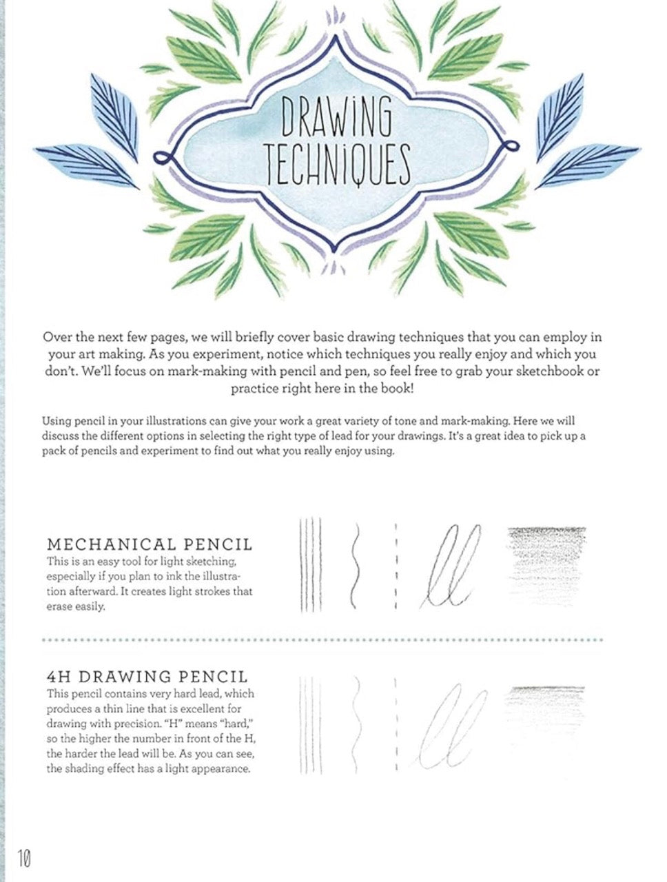 Page from a book or magazine about drawing techniques with text and illustrations.