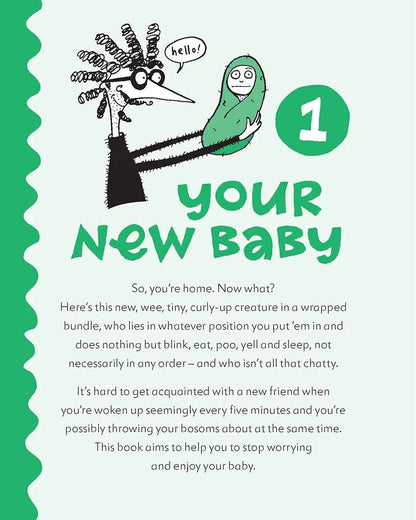 Book cover with cartoon illustration of a baby and text about a new baby