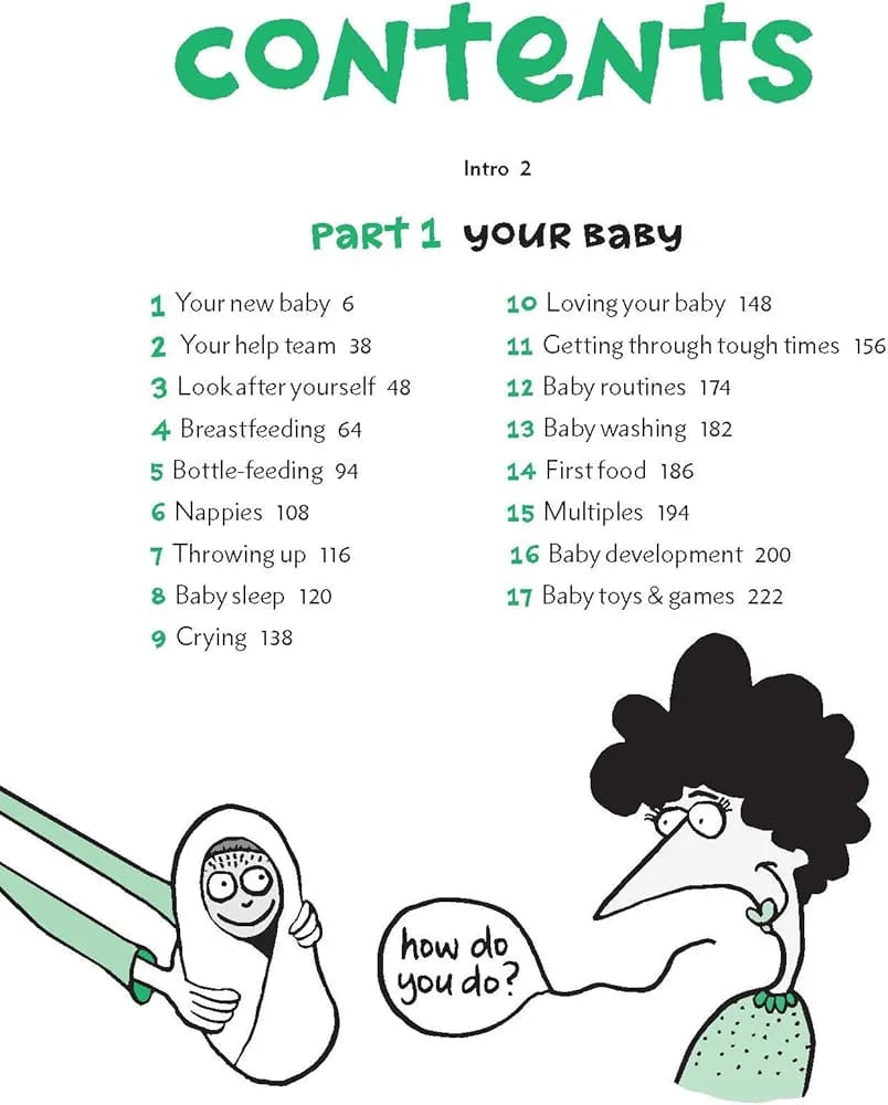 Table of contents for a baby care book with cartoon illustrations on a white background.
