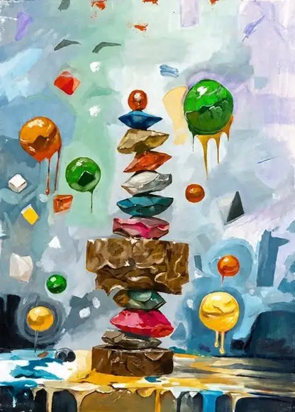 Abstract colorful painting with a central stacked tower of gem-like shapes in blue, green, red, pink, and brown, surrounded by floating colored spheres and dripped paint on a light blue background.