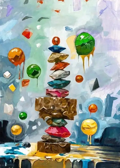 Abstract colorful painting with a central stacked tower of gem-like shapes in blue, green, red, pink, and brown, surrounded by floating colored spheres and dripped paint on a light blue background.