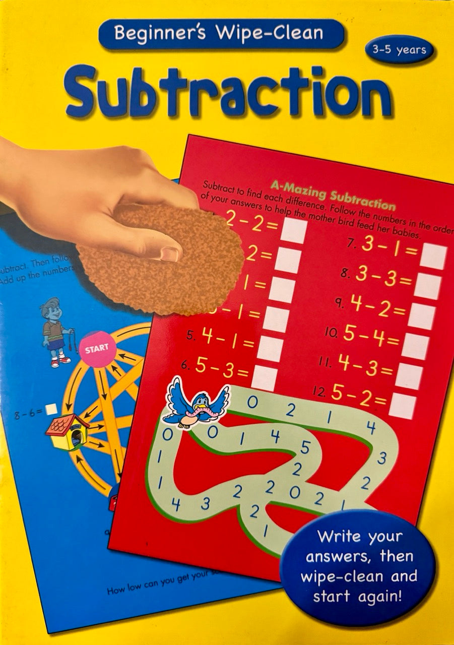 Wipe-clean subtraction workbook with a hand holding a sponge on a yellow background