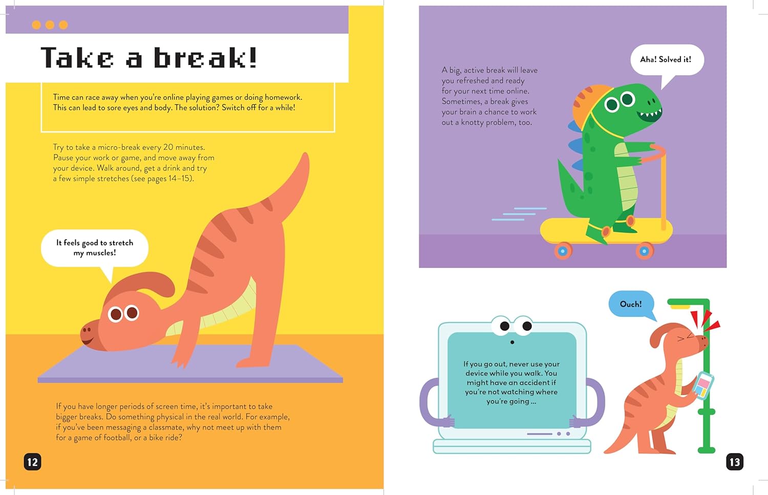 Illustrated pages from a children's book with a dinosaur character on a skateboard and a cat character on a yoga mat.
