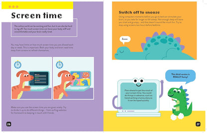 Illustrated book page about screen time with colorful graphics and text.