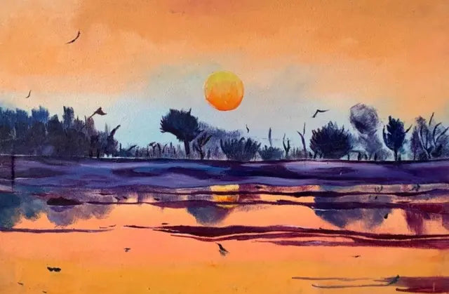 Watercolor landscape painting of a sunset over a marsh, featuring a bright orange sun, silhouetted trees, birds, and reflections in the water.