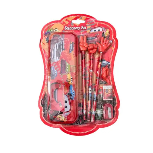 Stationery set with cartoon characters in red packaging on a white background