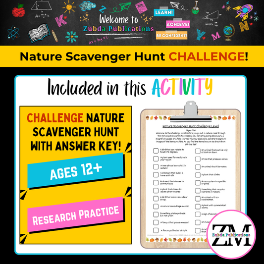 Nature Scavenger Hunt Challenge activity sheet with a clipboard and answer key on a colorful background.
