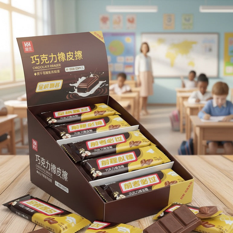Display of chocolate erasers in a classroom setting
