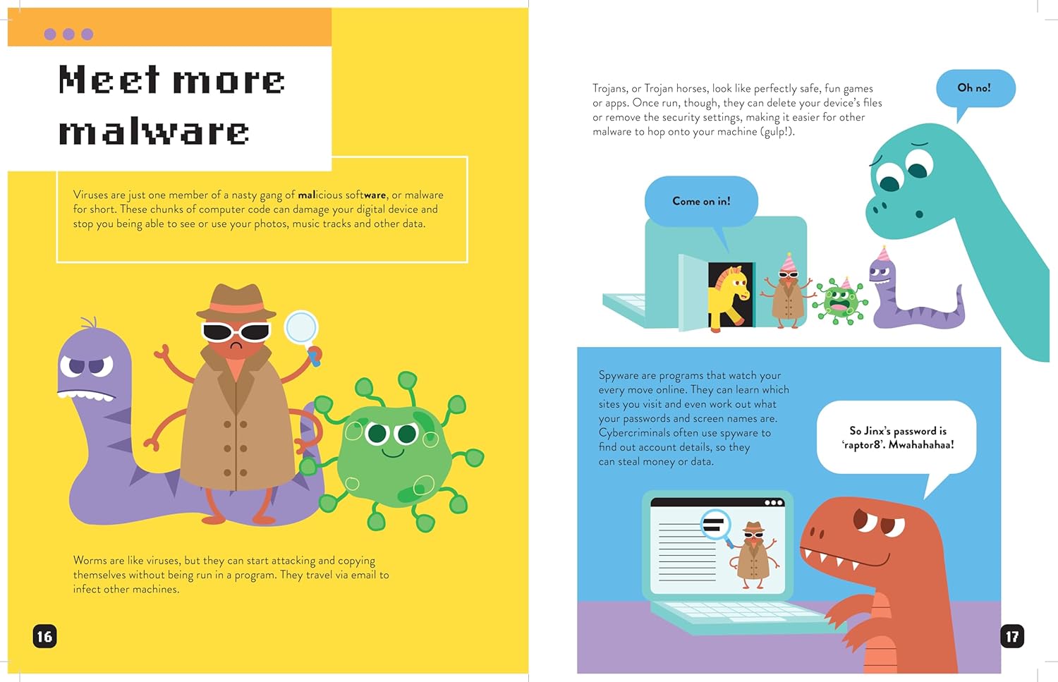 Illustrated pages from a book about malware, featuring colorful characters and text.