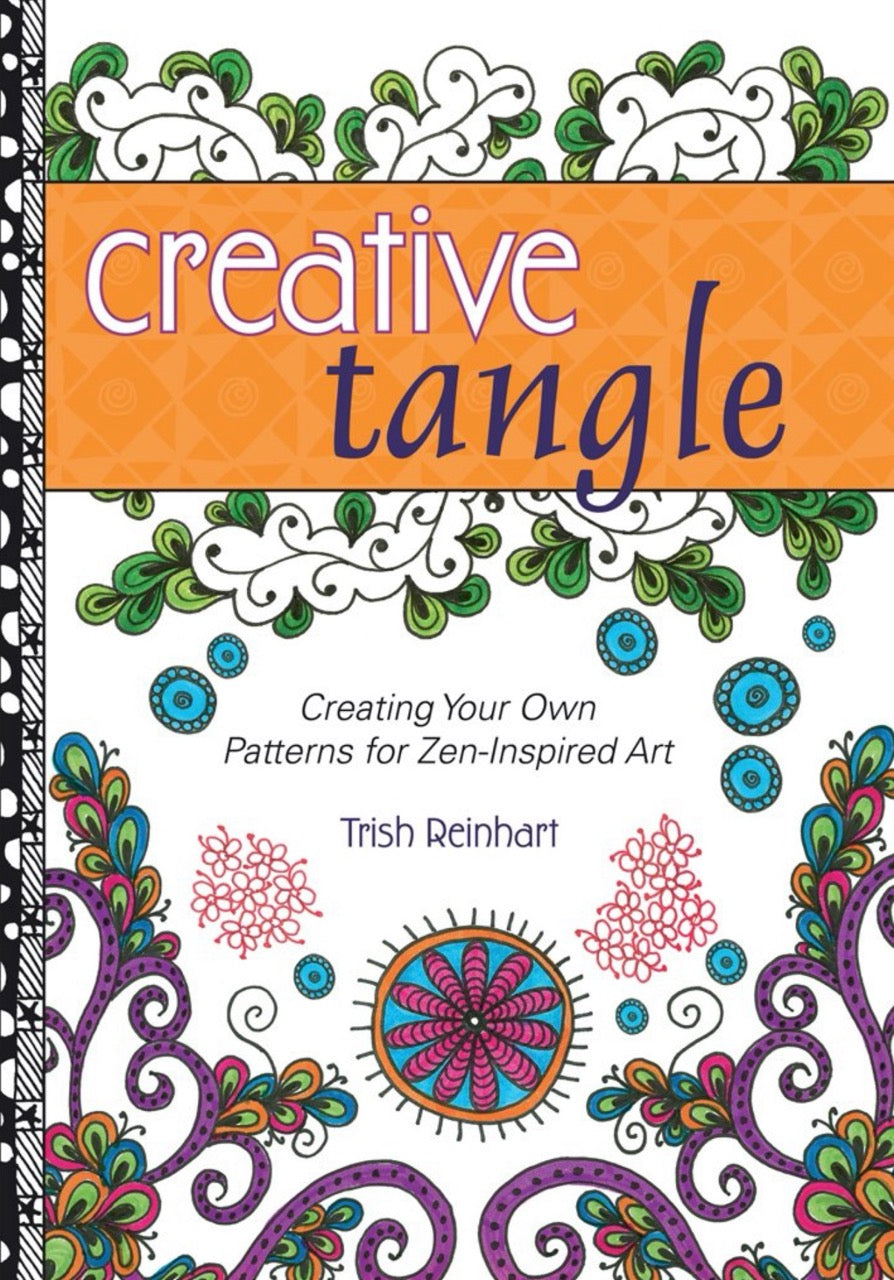 Book cover of 'Creative Tangle' with colorful patterns and title text.