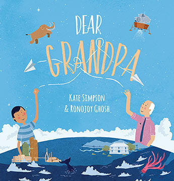 Book cover of 'Dear Grandpa' with a child and grandparent on a boat, against a blue sky with clouds and animals.