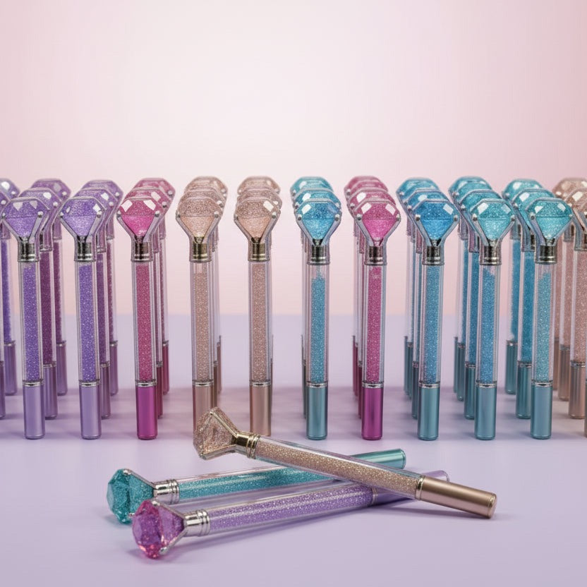 Decorative pens with gemstone accents on a light pink background