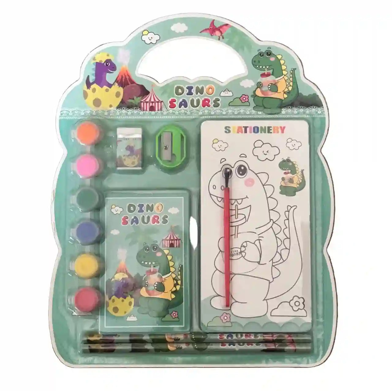 Dinosaur-themed stationery set in packaging with colorful dino illustrations.