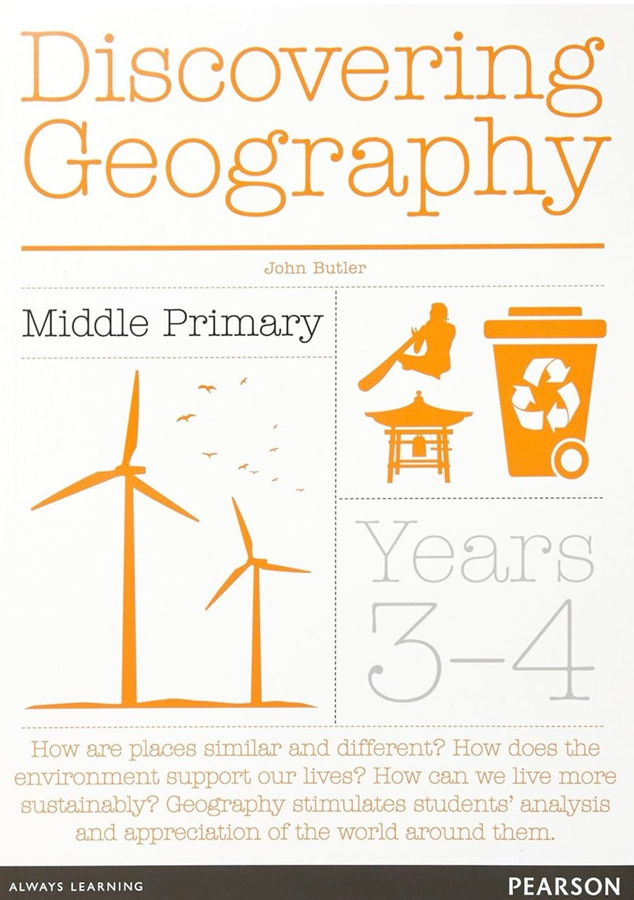 Book cover of 'Discovering Geography' for middle primary students, featuring icons and text about sustainability.