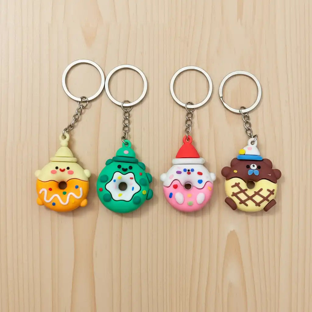 round doughnut shaped characters' keychains on a light wood desk