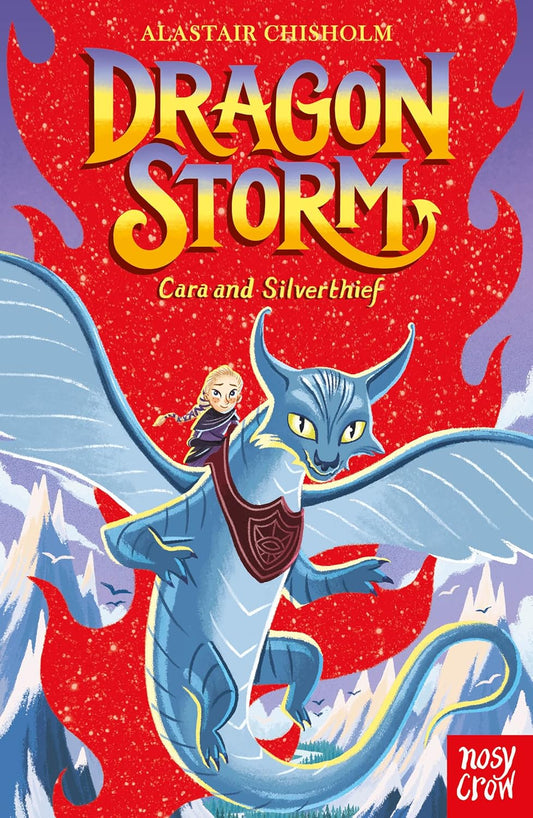 Book cover of 'Dragon Storm' featuring a dragon and a character against a red background.