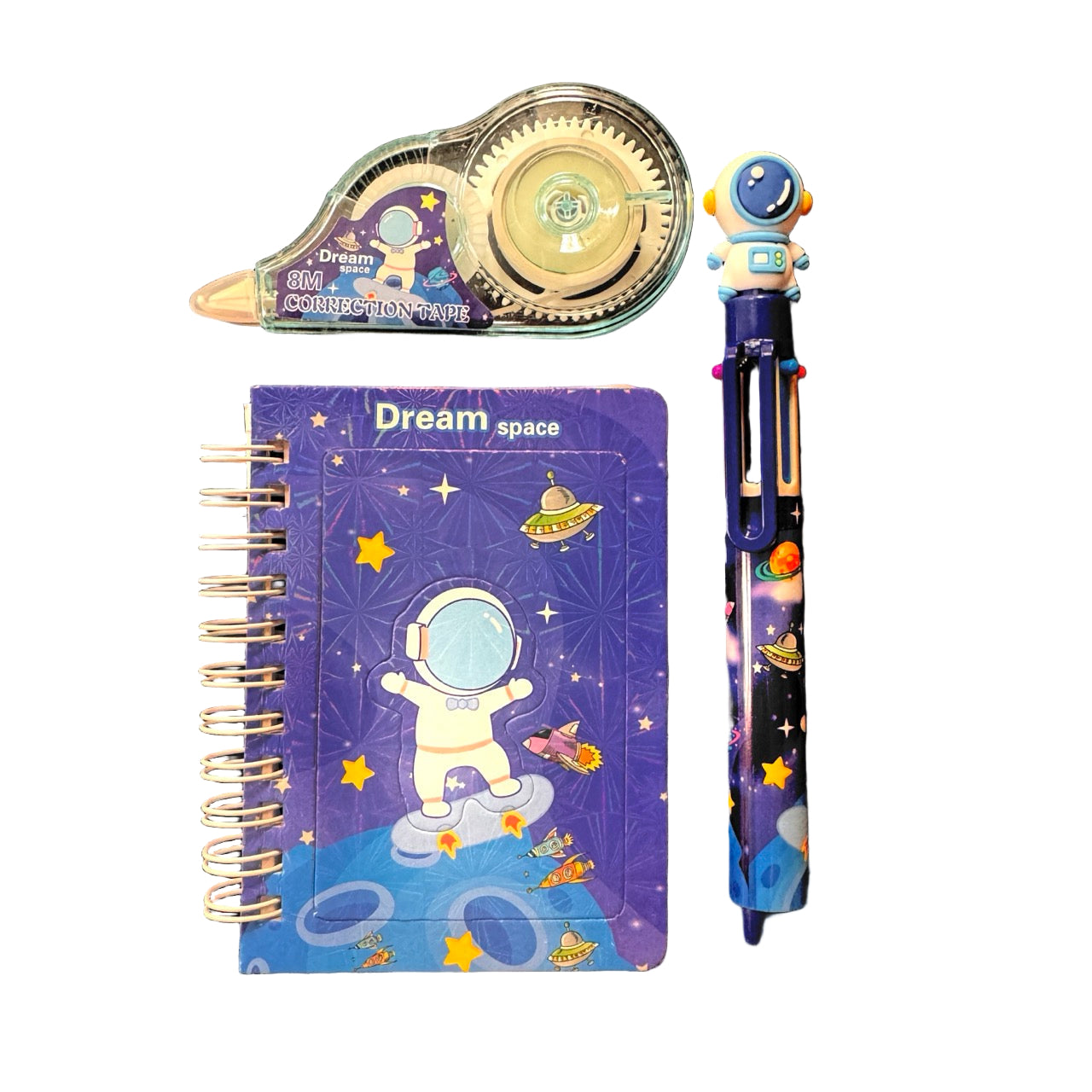 Space-themed stationery set with notebook, pen, and correction tape on a purple background