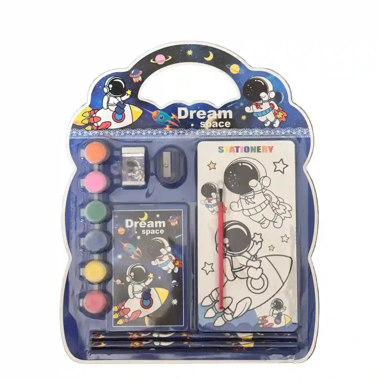 Stationery set with space-themed design on a gray background
