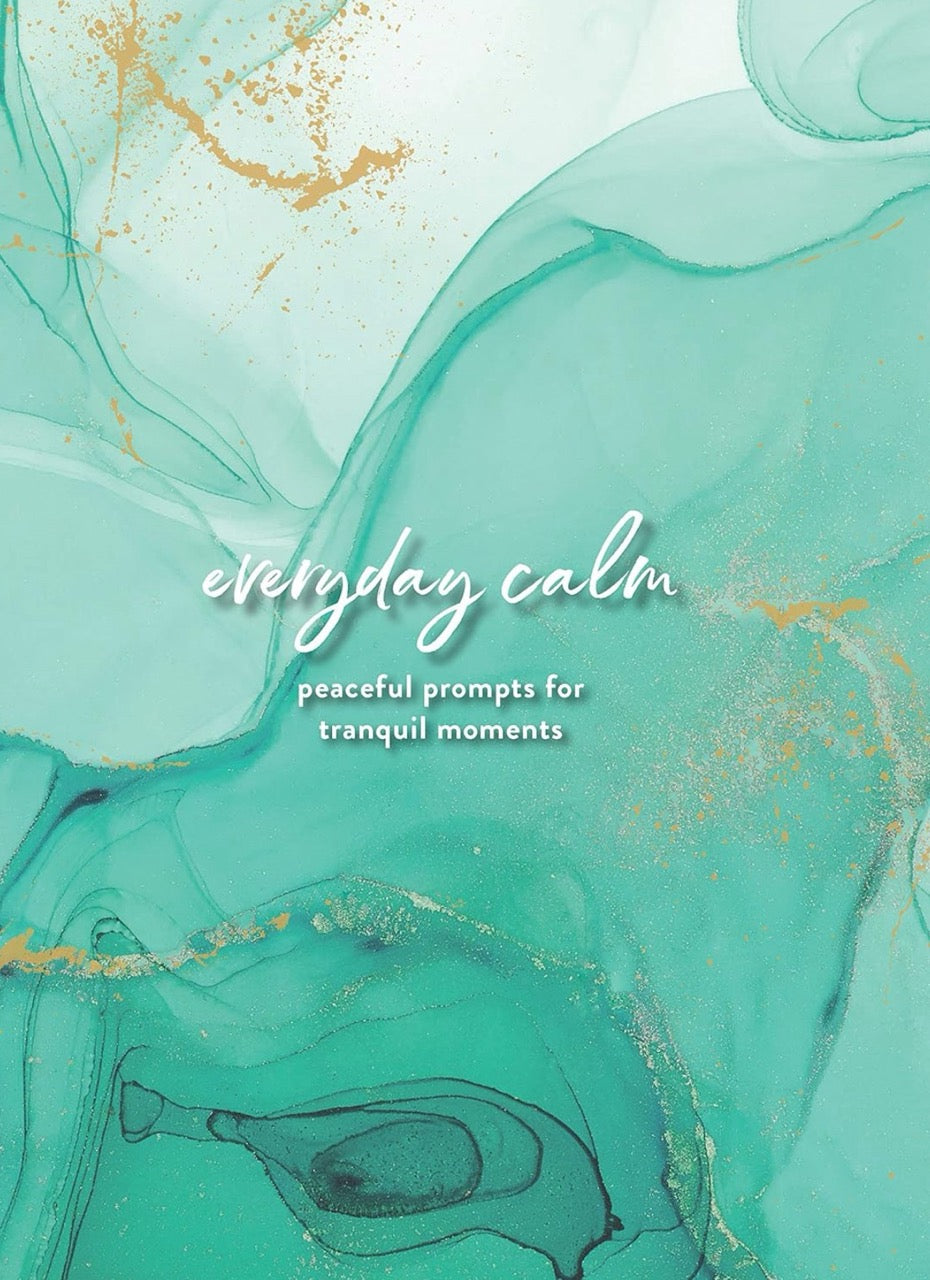 Book cover with 'everyday calm' text on a teal and gold abstract design