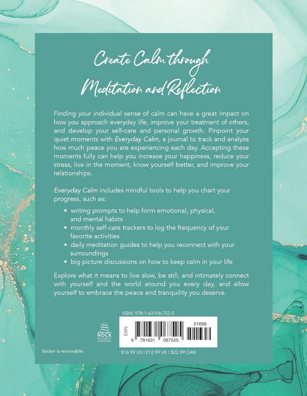 Back cover of a book titled 'Everyday Calm' with text on meditation and reflection.
