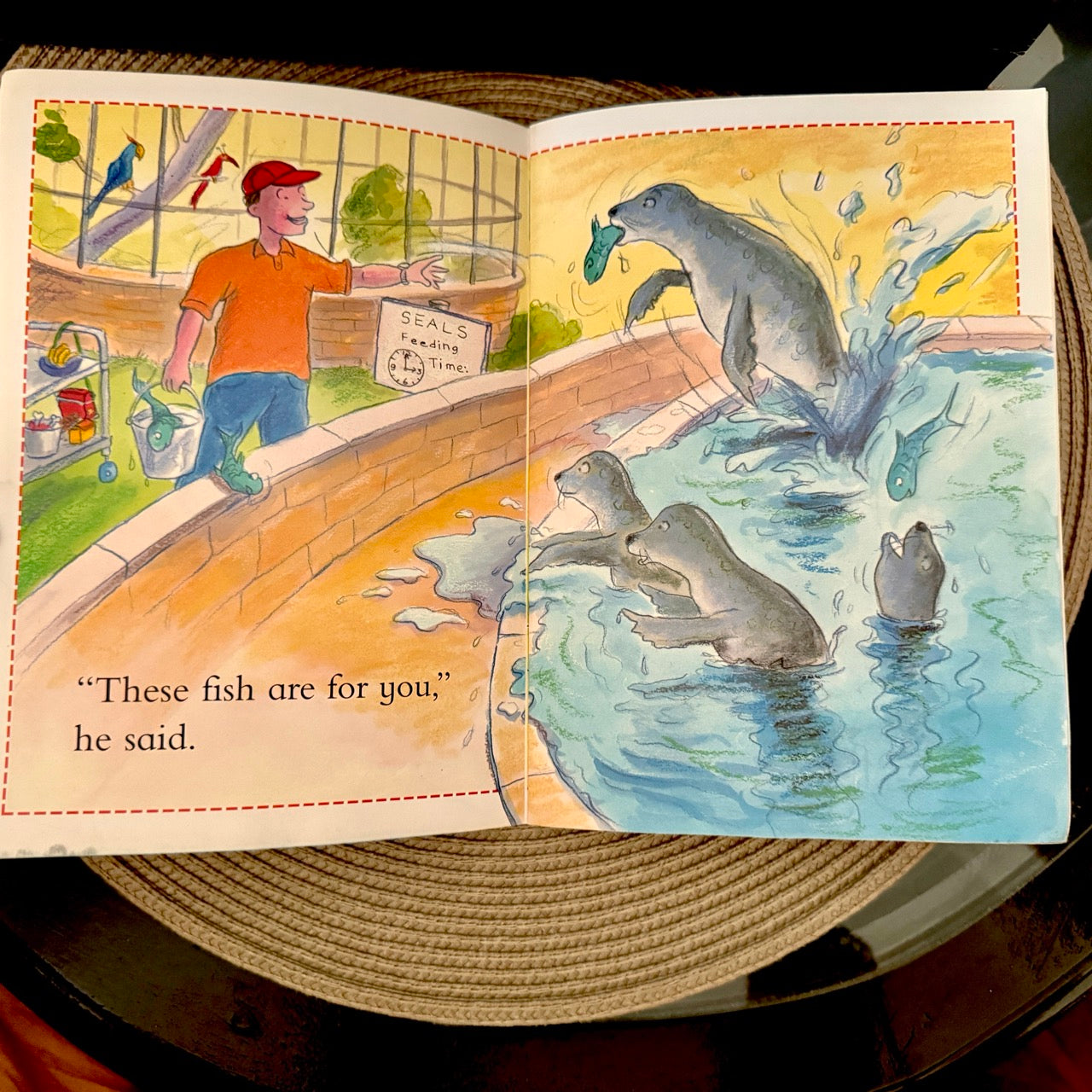 Illustrated book page with a man and seals in an aquarium setting