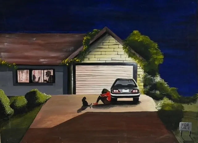 A painted nighttime scene of a house with a garage, a parked car, and a person sitting on the driveway near a cat. The artwork fills the frame, so this is best classified as Scenery rather than Lifestyle or Product/Packaging.