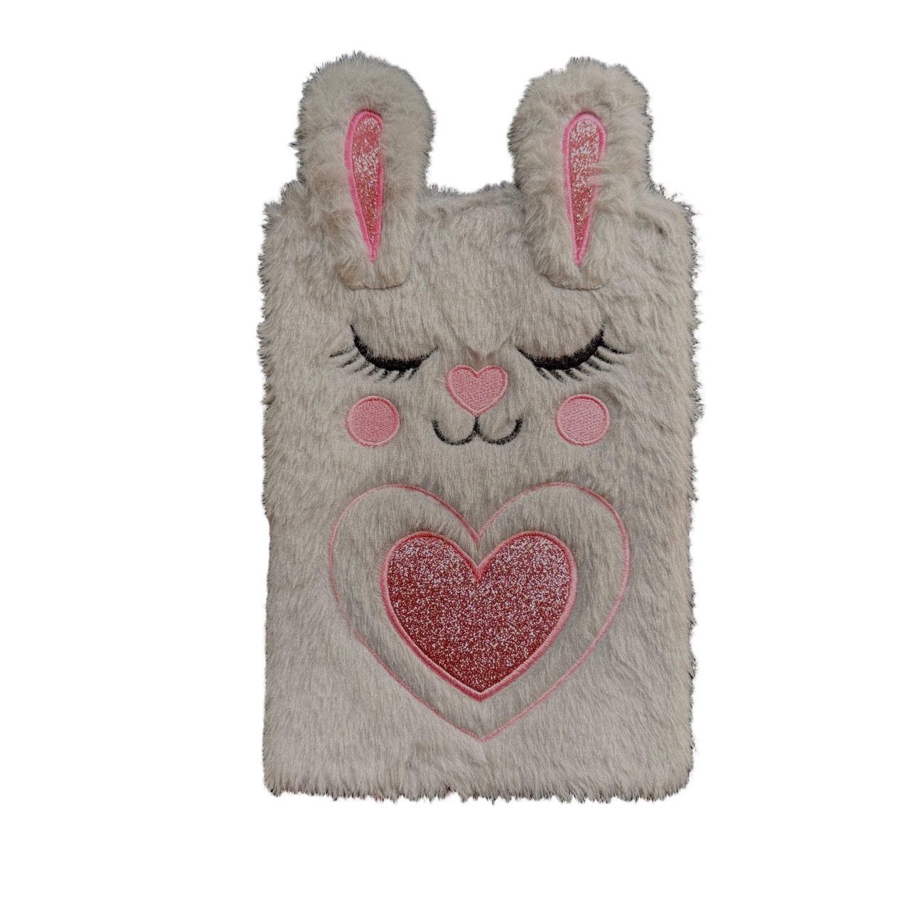 Fluffy journal with bunny design and pink heart.