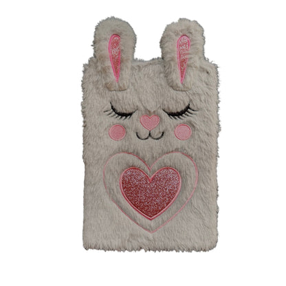Fluffy journal with bunny design and pink heart.