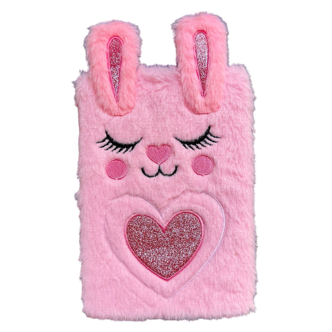 Pink fluffy journal with bunny ears and a heart.