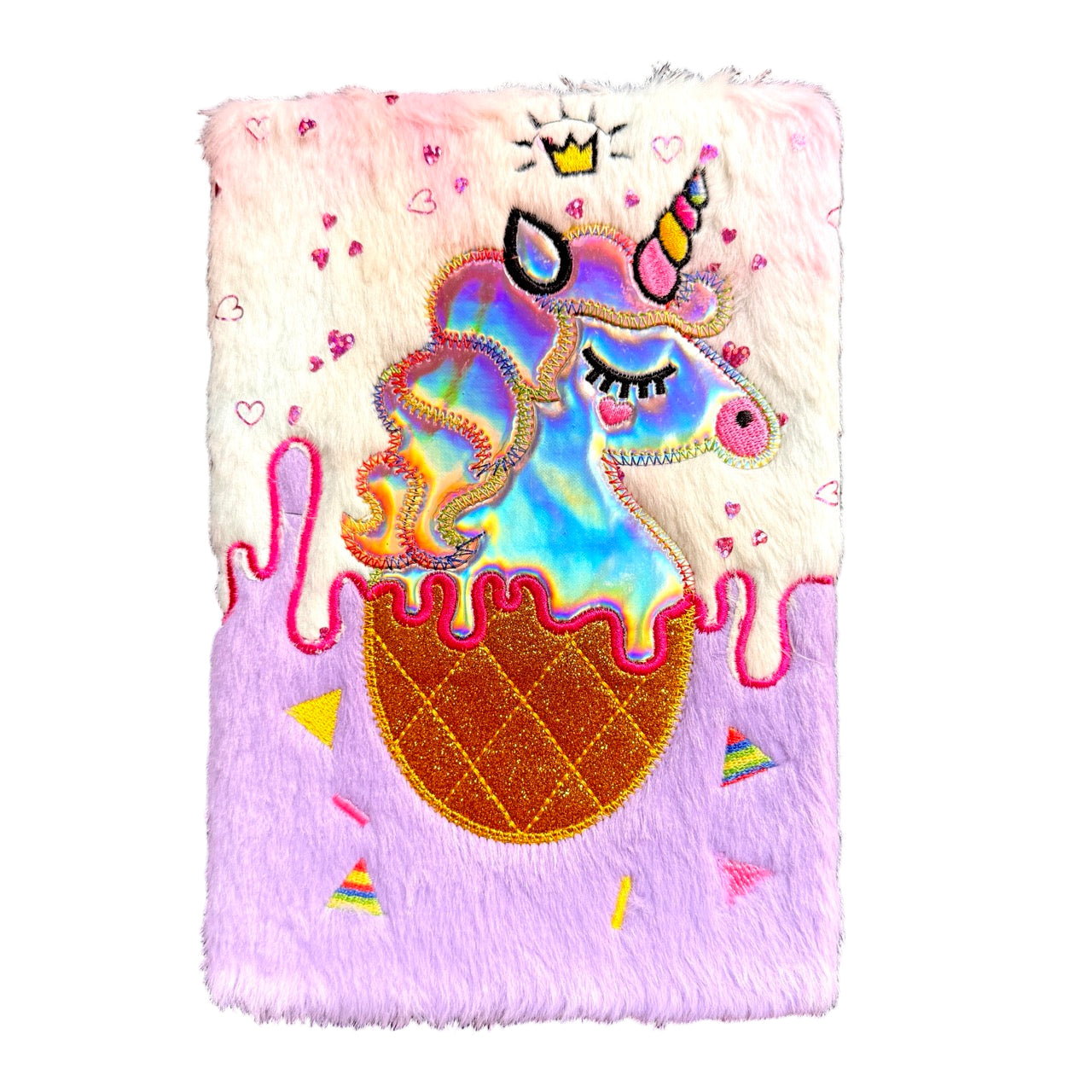 Fluffy diary with a colorful unicorn design on a white background