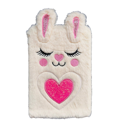 Fluffy white journal with a heart design and bunny ears.