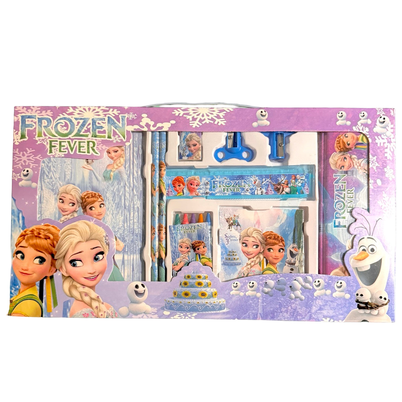 Product packaging for Disney Frozen Fever with characters and elements on a green background