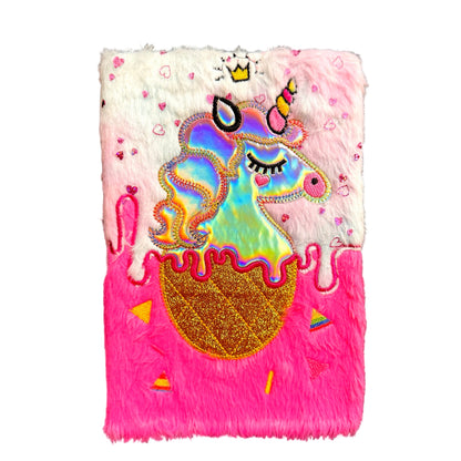 Pink plush journal with a unicorn design on a white background