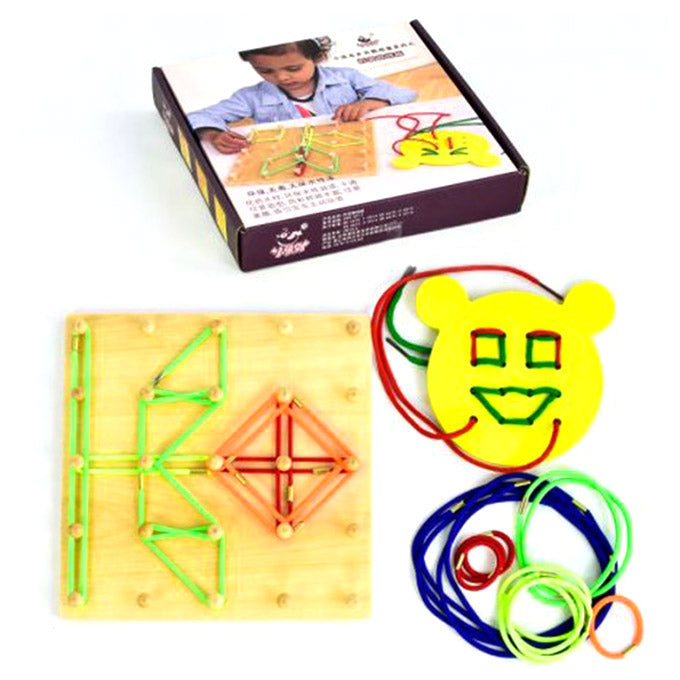 Children's educational toy set with wooden board, elastic bands, and a completed design.
