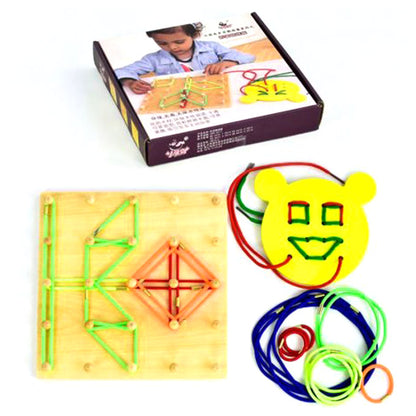 Children's educational toy set with wooden board, elastic bands, and a completed design.