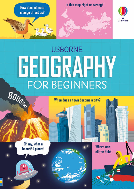 Book cover of 'Geography for Beginners' by Usborne with various illustrations and text.