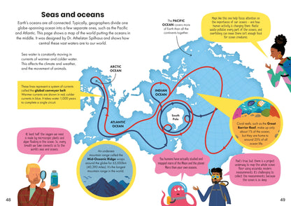 Educational illustration of ocean currents with labeled oceans and text.