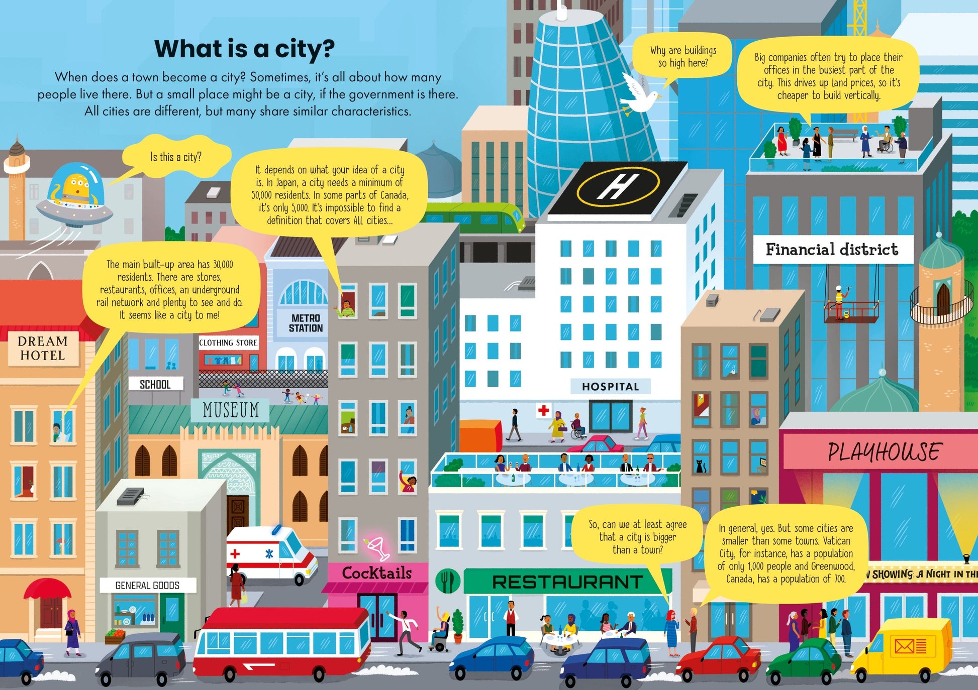 Illustration of a cityscape with various buildings and vehicles, accompanied by text explaining city characteristics.