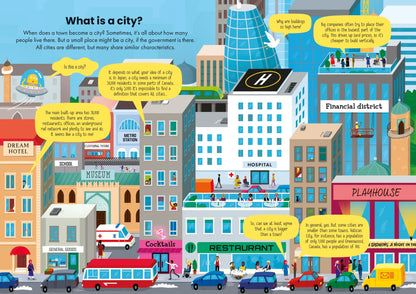 Illustration of a cityscape with various buildings and vehicles, accompanied by text explaining city characteristics.