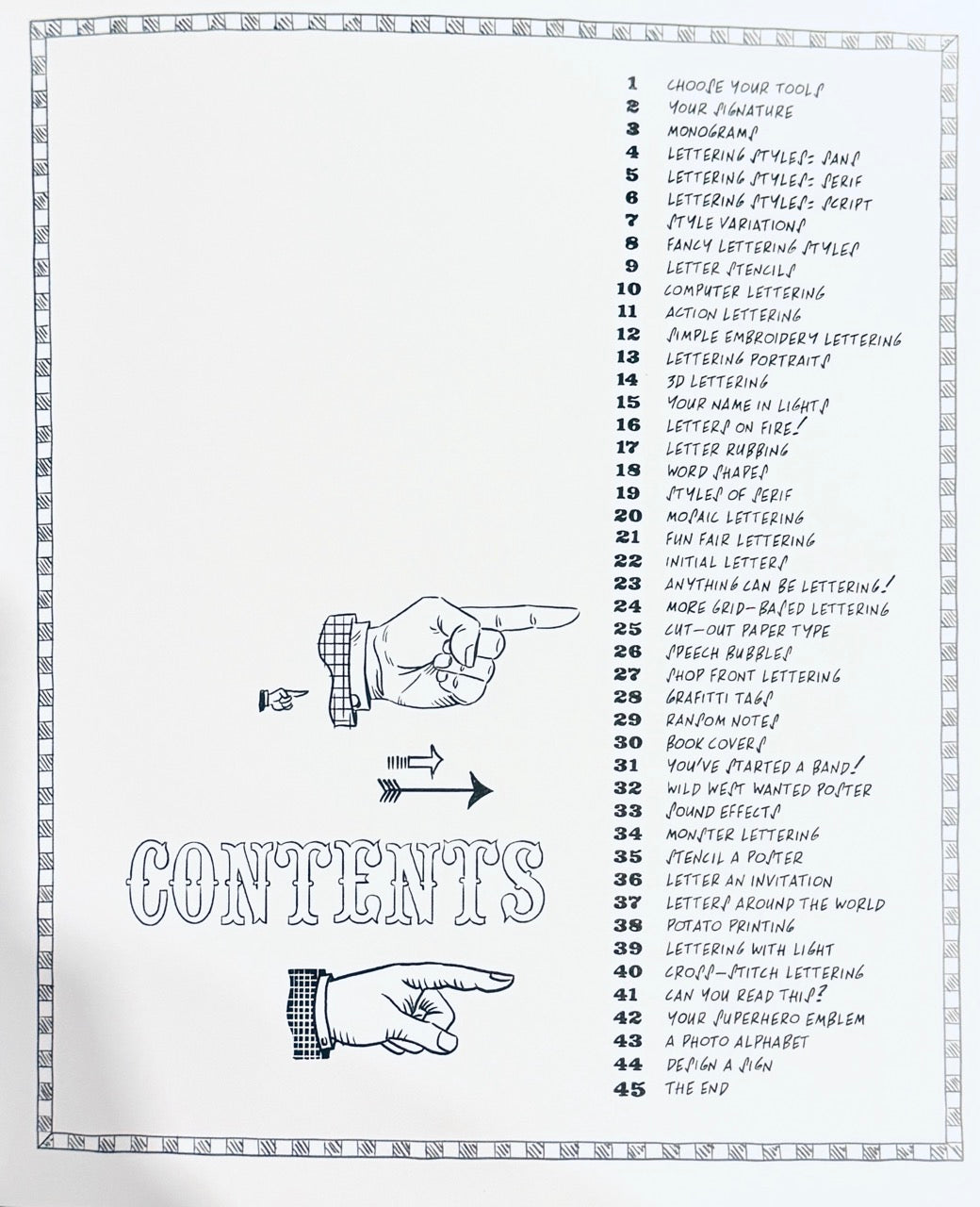 Contents page with illustrations of hands and text on a white background