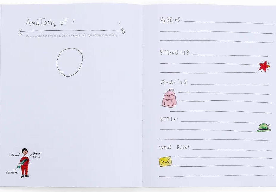 Notebook page with character design and attributes listed