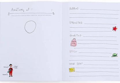 Notebook page with character design and attributes listed
