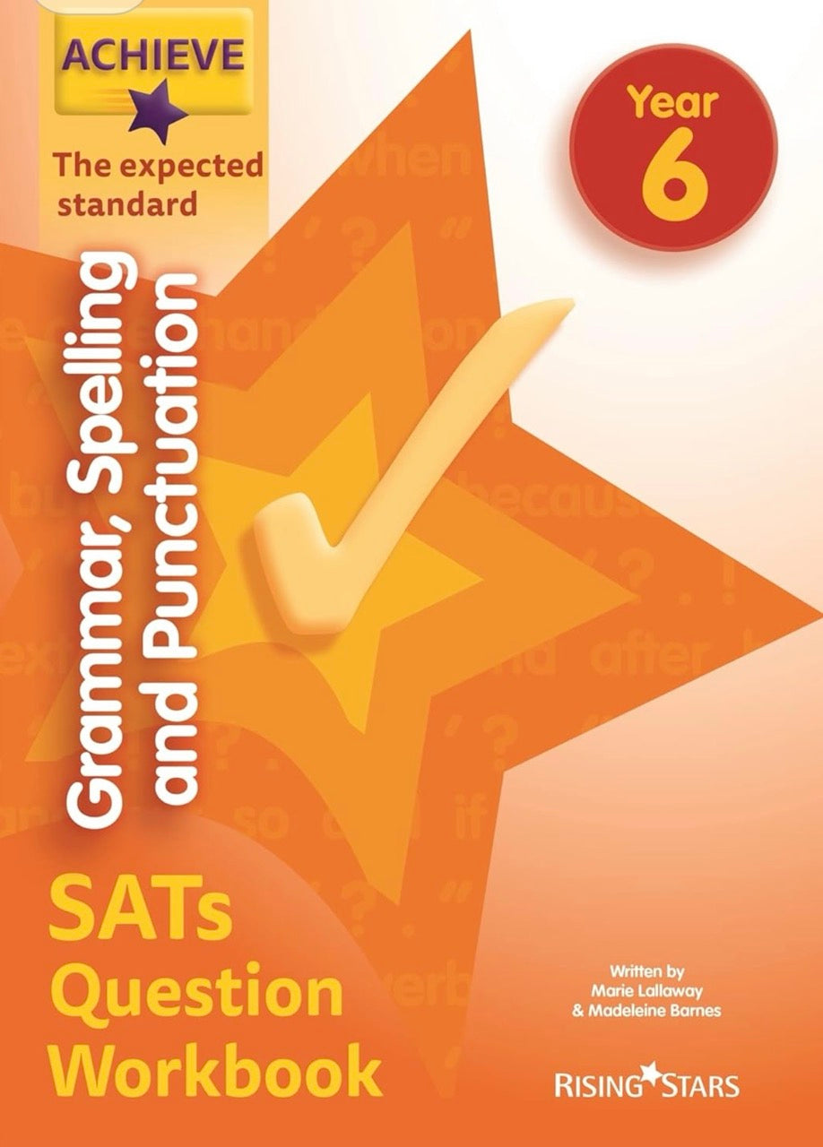 Book cover of 'Grammar, Spelling and Punctuation SATs Question Workbook Year 6' by Rising Stars with a star and checkmark design.
