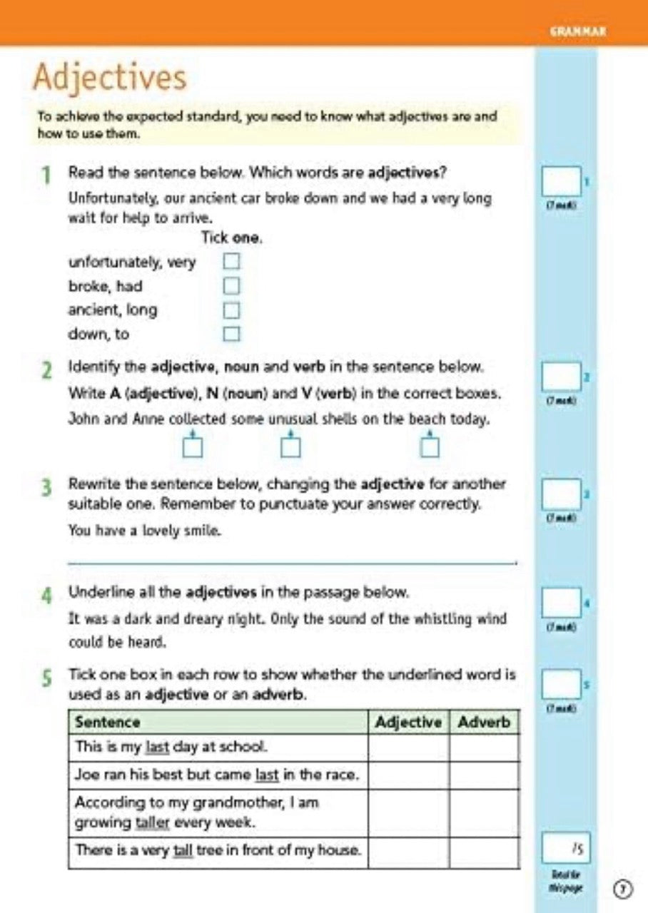 Grammar worksheet on adjectives with text and checkboxes.