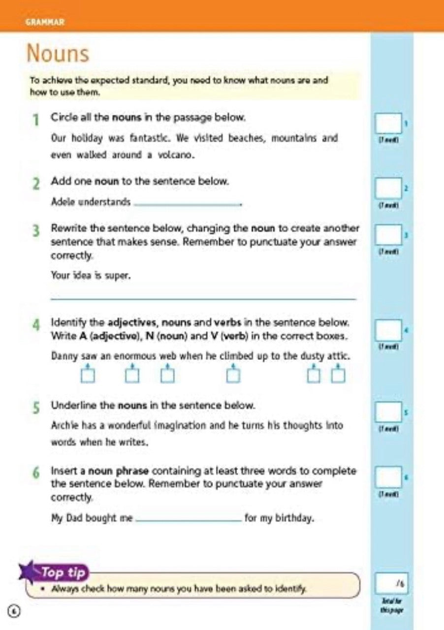 Grammar worksheet on nouns with text and checkboxes
