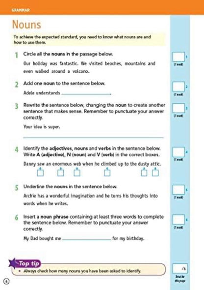Grammar worksheet on nouns with text and checkboxes